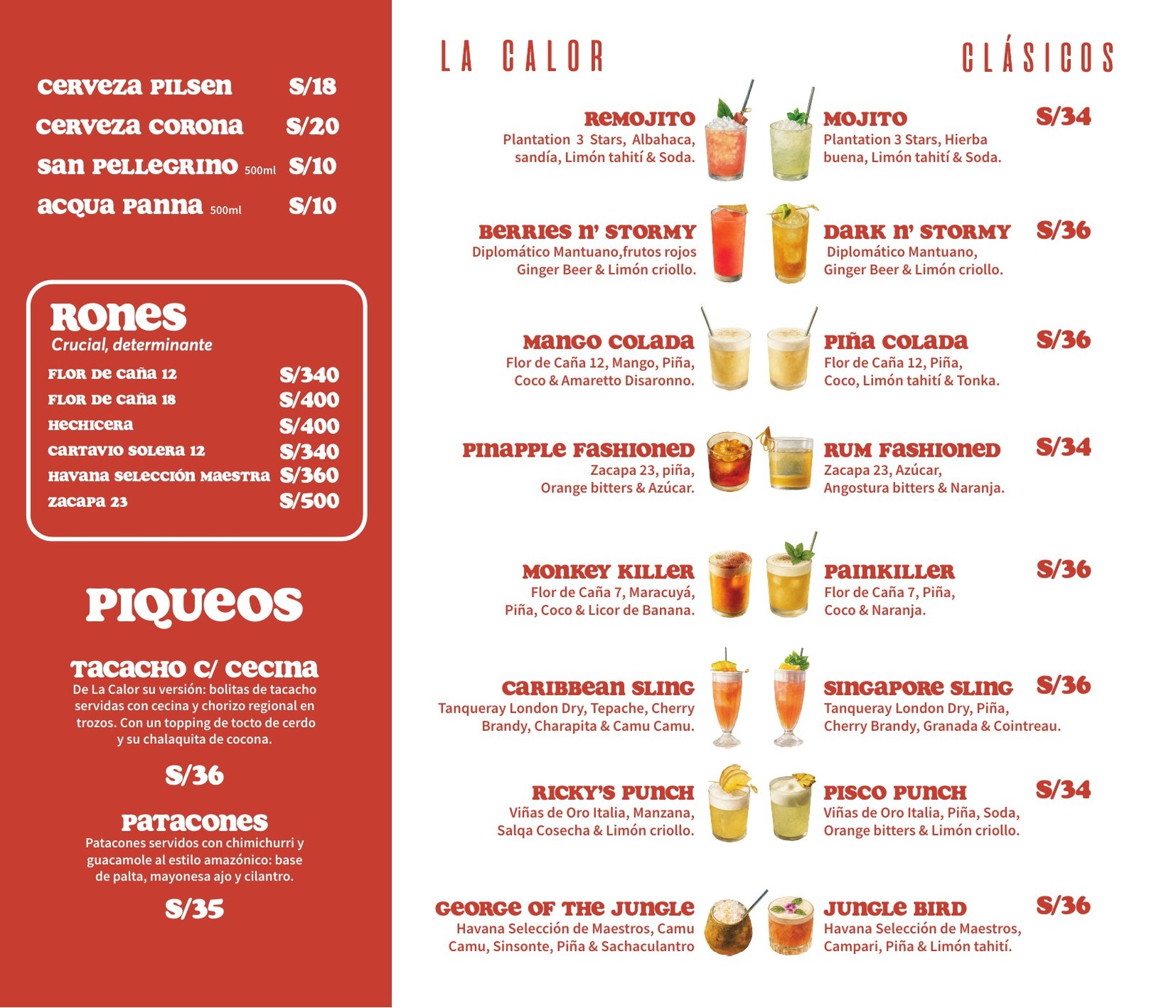 Carta de La Calor — coctelería caribeña, rones, piqueos y cervezas